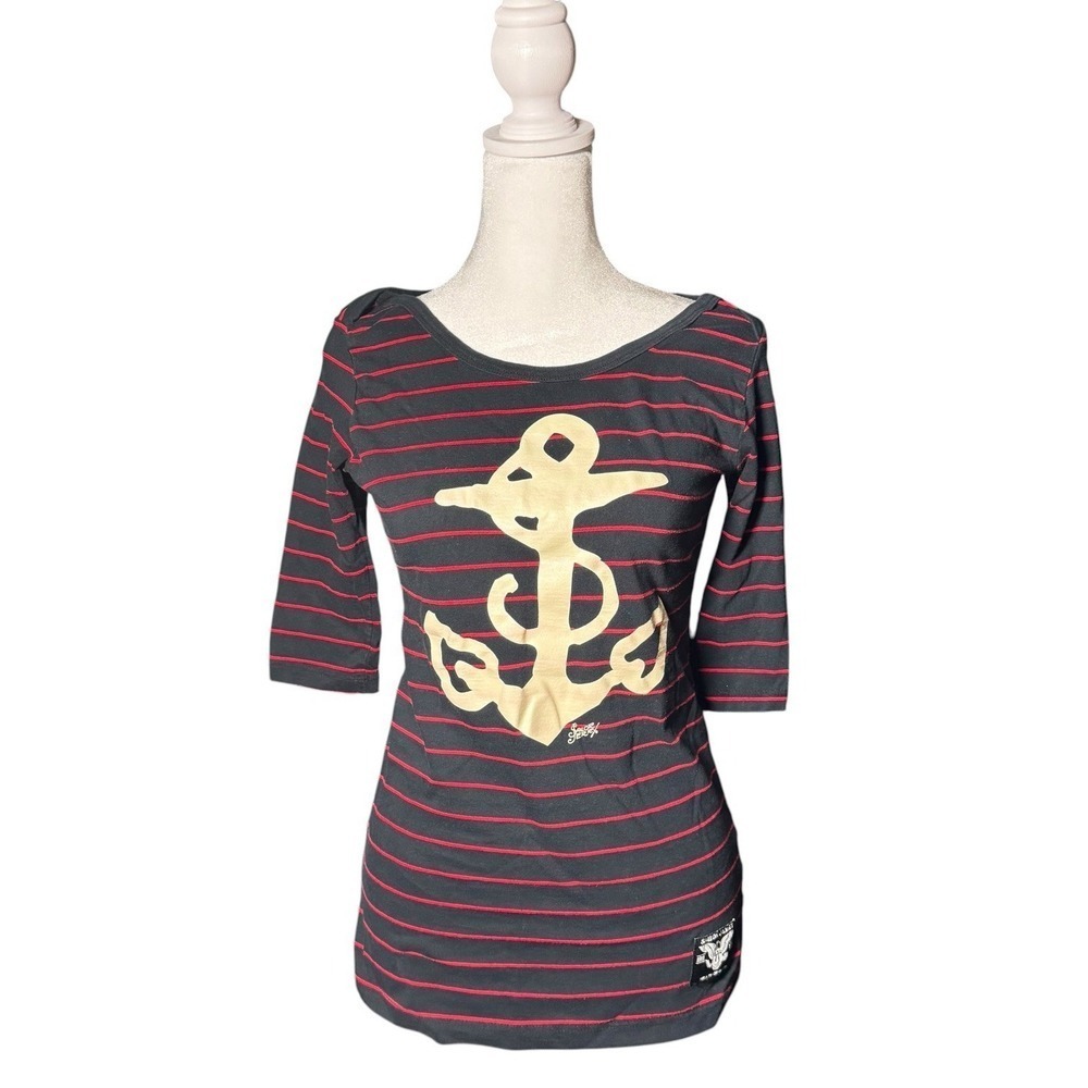 Sailor Jerry Womens Small Anchor Graphic Striped Top 3/4 Sleeve Made In The USA